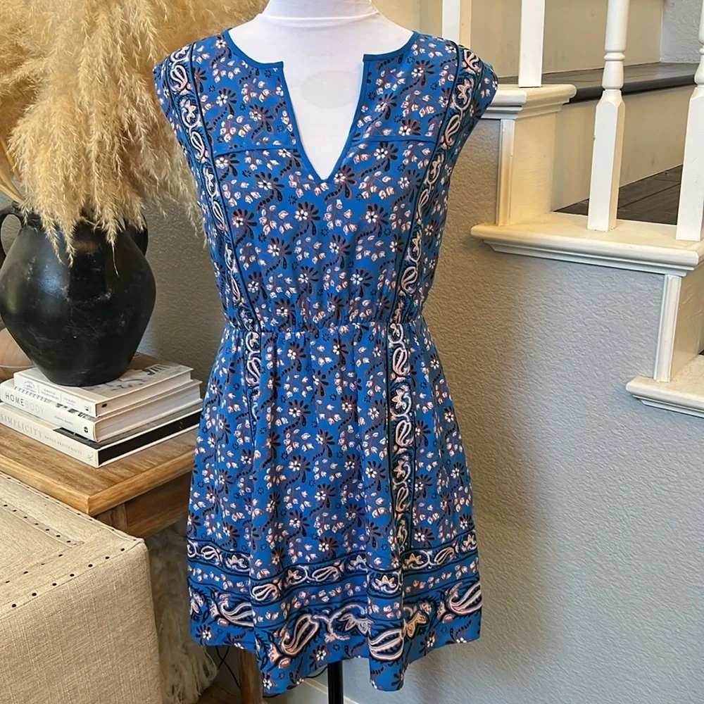 J. CREW Blue 100% Silk Vintage Scarf Floral Mini Dress Size 4P